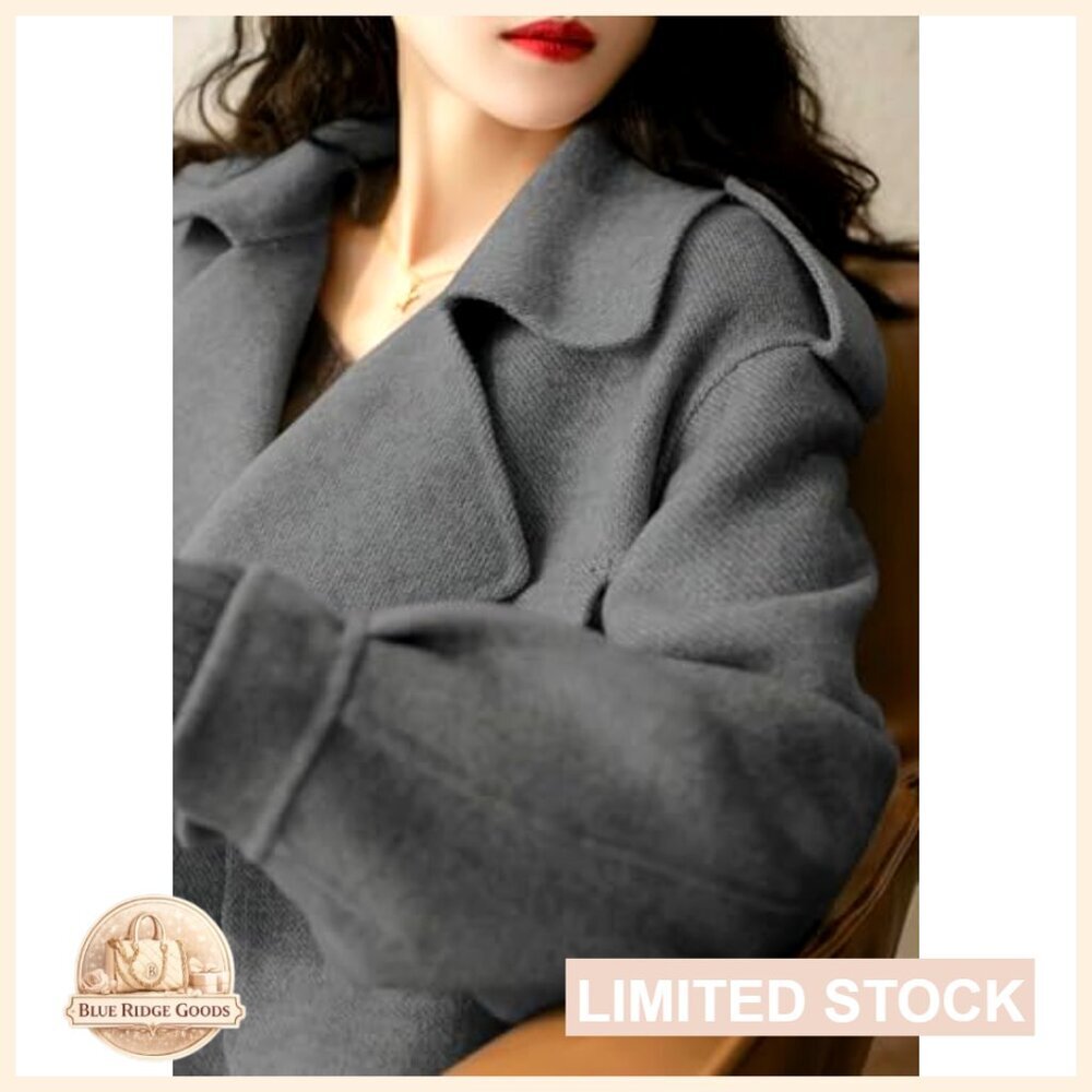 Cropped Wool Blazer Jacket Open Front Loose Fit Casual Dressy Trench Coat - Picture 4 of 6